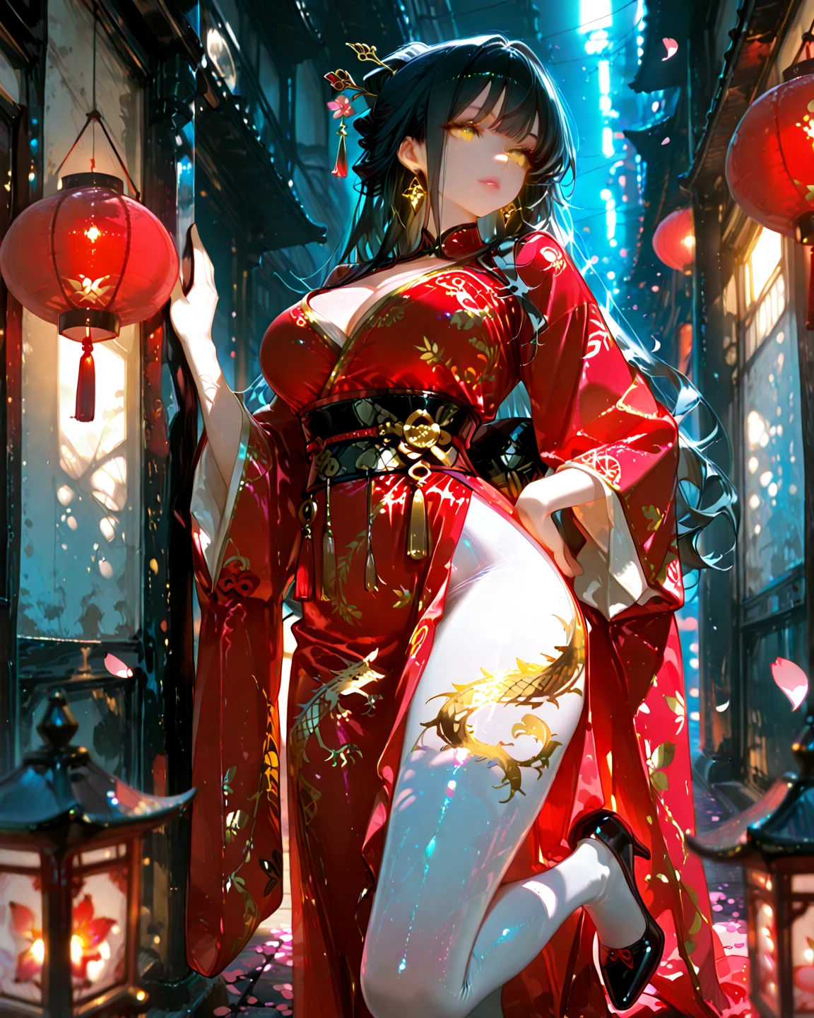 (generate beautifull donghua character with ((medium ??????:1,9)) wear luxury detailed ancient chinesse dress, black ?????? pad, high heels, at detail beautifull flower, mountain background, beatifull sky, beautifull sunset, clouds, panorama, chinese lantern, chinese ornament, traditional chinesse village, raytracing, beautifull fingers, beautifull hands, (4 fingers in 1 hand), full body photoshoot, pretty makeup, perfect ???????, good lighting, professional photoshoot, fresh lips, cg realistic, 8k