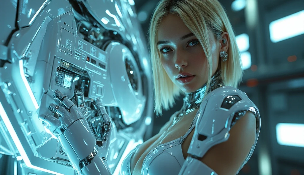 Two silver a woman, futuristic robot body, female cyborg. high resolution, robotic body, gynoid cyborg body, half robot and half woman, robot body, cybernetic body parts, cybernetic body, cyborg fashion model, diverse cybersuits, ultra detailed female android, retrofuturistic female android