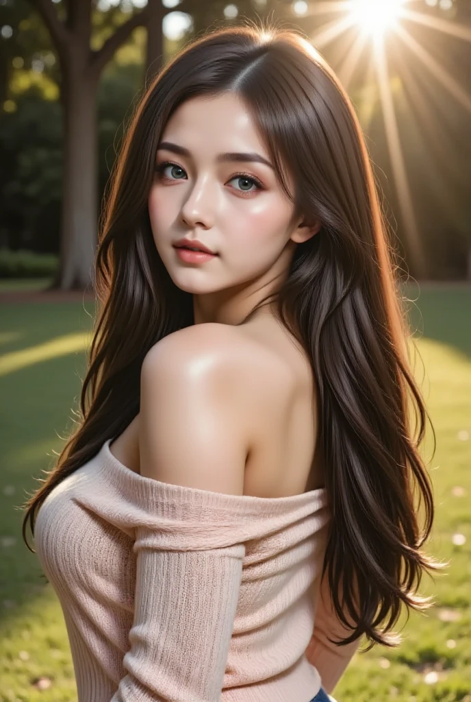 Beautuful Women、(top-quality、in 8K、32K、​masterpiece、nffsw:1.3)、(Photorealsitic:1.4)、realisitic:1.2、Detailed skin、Sun glare、lensflare、Detailed shading by sunlight、depth of fields、blurry backround、
kyoto、jpn、(Dark Red Off-Shoulder Dress)、((autumn day))、Rows of autumn leaves、ear ornament、lady's、a necklace、(A sexy:1.2)、breastsout、