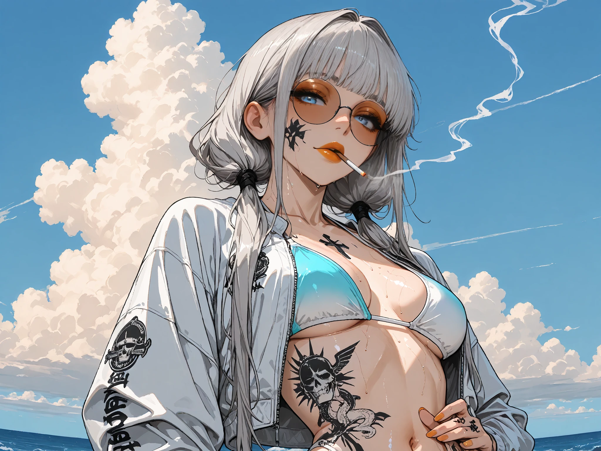 ((1 girl with open face), (Full length, very cute)). ((cute young man, White girl, offwhite hair), (orange:1.1, offwhite:1.3, yellow: 1.3),(Unripe:1.5,), (rapper feminina muito sexy com dreadlocks),(nsfw) (tattoo's), (bare body parts), (jaket: 1.2), (jaket no corpo nu, Correia, Short shirt)). ((Zombies, skulls, flowers, fruits)),( Damasco flowerscendo, folhas Unripes jovens, FOG, Background of circles)).((IDEAL, comely), (pictorial background, broad strokes, girl&#39;s attention to detail&#39;dude, figuras, flowers )). ((atmosfera noturna),(perfect and soft warm light, cinematic natural volumetric, cold chiaroscuro)). ((Moderate detail, attention to the elements of the character and figure), (Octane rendering trend on Artstation), (8k digital art painting, stylized concept art)), award-winning illustration), (work of art)).