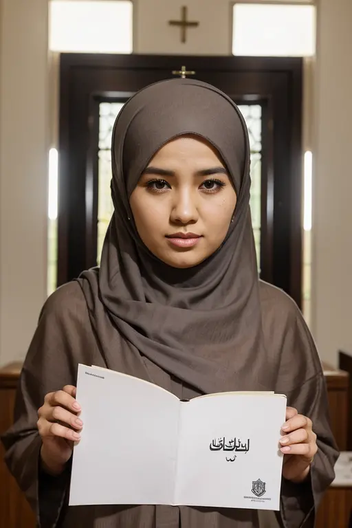 (photorealism:1.2), a woman, graceful,headscarf ,Indonesia,time, sit down,facing forward,shows a blank sheet of paper, blank paper facing the audience,lanscape shape paper, aesthetic, interesting, clear,
Background, Islamic boarding school
