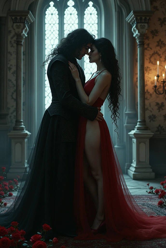 a woman with long black hair, with a red cape, with a long, deep neckline on display and a man dressed in a black cape on top of the woman on the floor of the dark, shadowy forest, in total darkness, him kissing her belly revealing her skin, your legs are showing