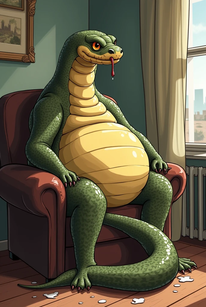 Green alligator, yellow belly, massive belly. Extremely obese, bedroom eyes, reclining , portrait, painting