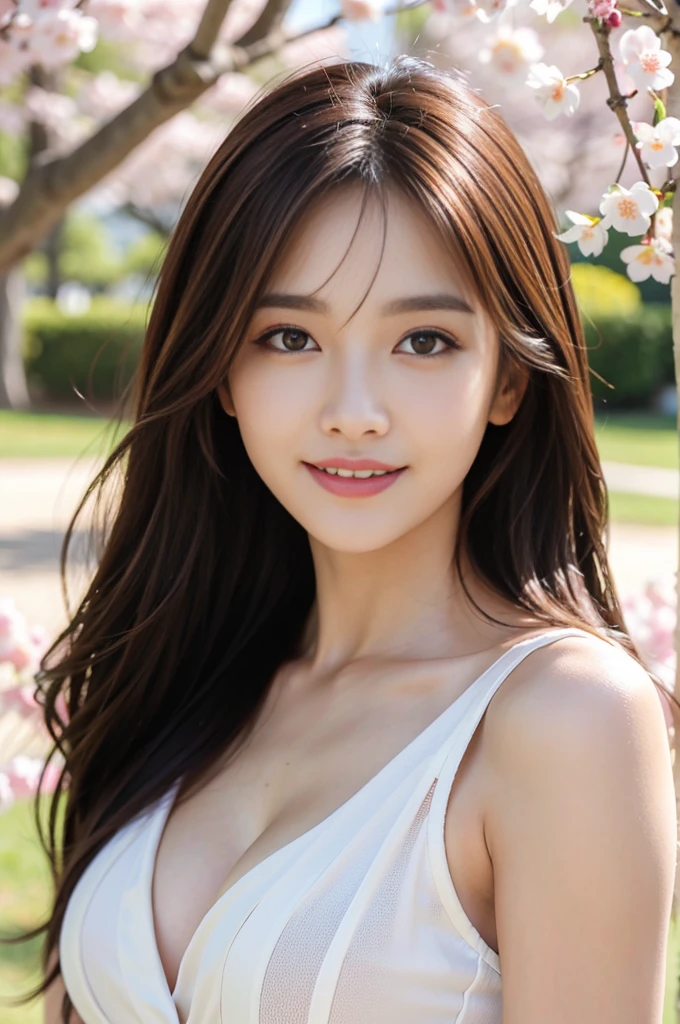 Instagram Photos, girl, Shoulder-length hair, Has light blonde hair, Close-up photo, Take a walk in the cherry blossom park, Japan, Smile a little,