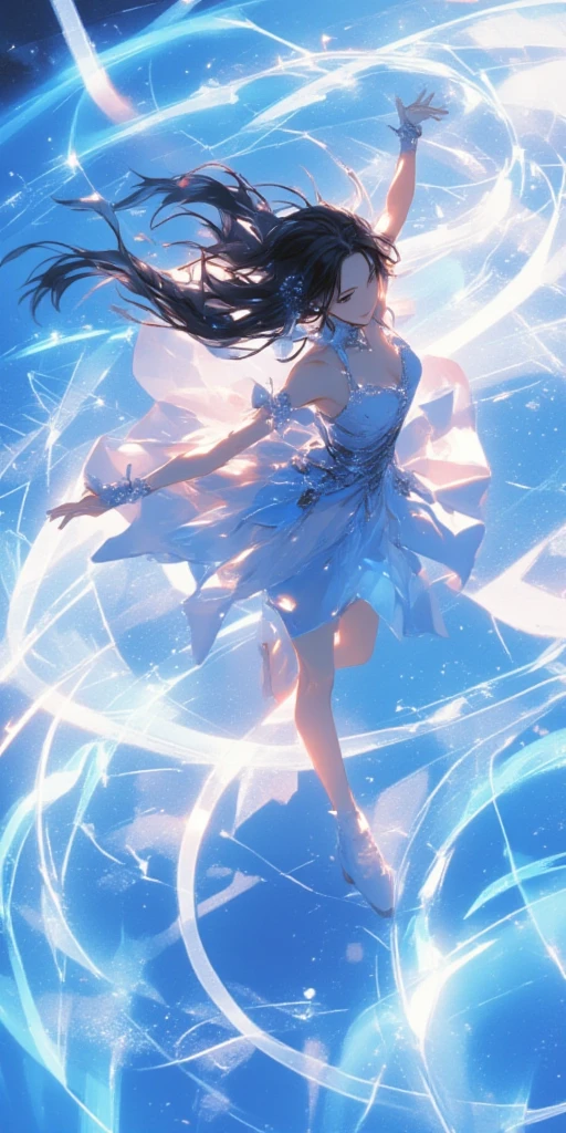 (((A far shot))) of a black-haired anime teen girl, (standing in the (river), ((strong sunlight)), cinematic light, slim body, skin is perfectly healthy, soft, and smooth, Extremely delicate and beautiful CG illustration, best quality, high resolution, dynamic angle, full-length lens, (1 girl), floating, soft light, high-key lighting), glowing light, blue halo, ultra quality blue crystal, (((wearing (only) a white (pure) (transparent) tank top))), ((very cinematic)), (feet visible)