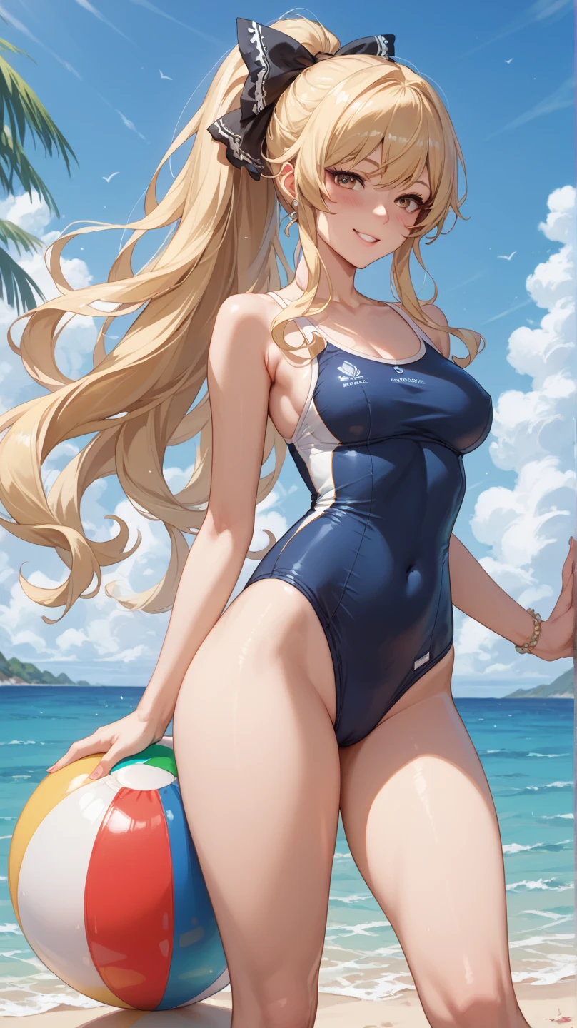 {{{masterpiece}}}, {{{best quality}}}, {{ultra-detailed}}, {illustration}, {{an extremely delicate and beautiful}}, (beautiful detailed eyes:1.6), extremely detailed face, 8k, anime face, Eiko Tsukimi(Ya Boy Kongming!), 1girl, solo, long hair, twin braids, braid, blonde hair, bangs, blush, blue eyes, medium breasts, thin waist, big hips, curvaceous, plump thighs, BREAK,swimsuit, one-piece swimsuit, school swimsuit, old school swimsuit, (gris swimsuit:1.3), covered navel, collarbone, blue one-piece swimsuit, strap slip, BREAK, swimsuit aside, wet, pool, embarrassed, flushed cheeks, thighs, bare arms, cowboy shot, standing, outdoor, sky, daytime, Dutch angle, cameltoe, spread legs, peer in from below