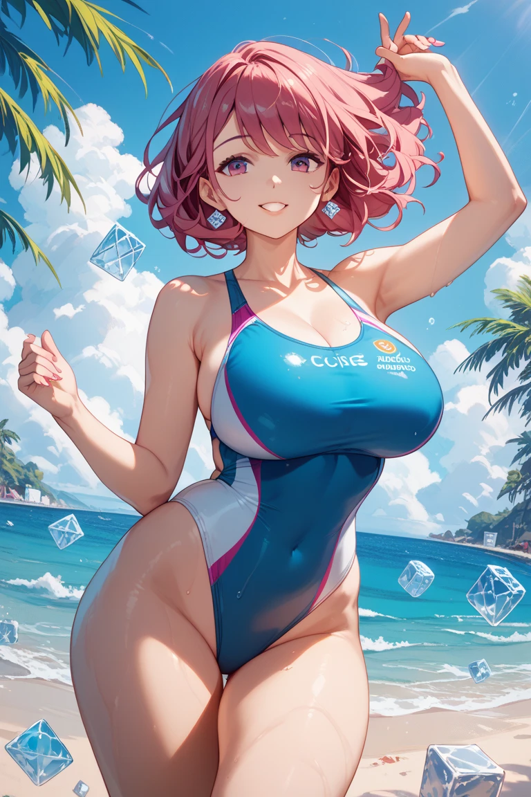 1girl, natural lighting, masterpiece, highly detailed, illustration, game CG, absurdres, high quality, aichan, large breasts, beautiful detailed eyes, short bright pink hair, ponytail, bangs, light smile, frilly one piece swimsuit, collarbone, beach, dynamic pose, one eye closed