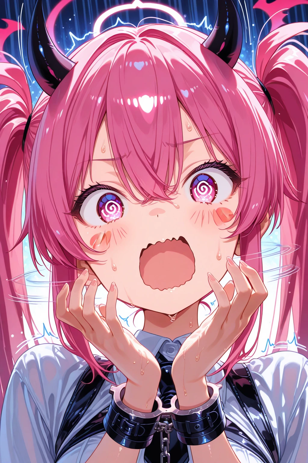 Girl with pink hair、face、Full of sperm、Sperm in the mouth、Sperm in the hair、Close one eye、faceが赤い