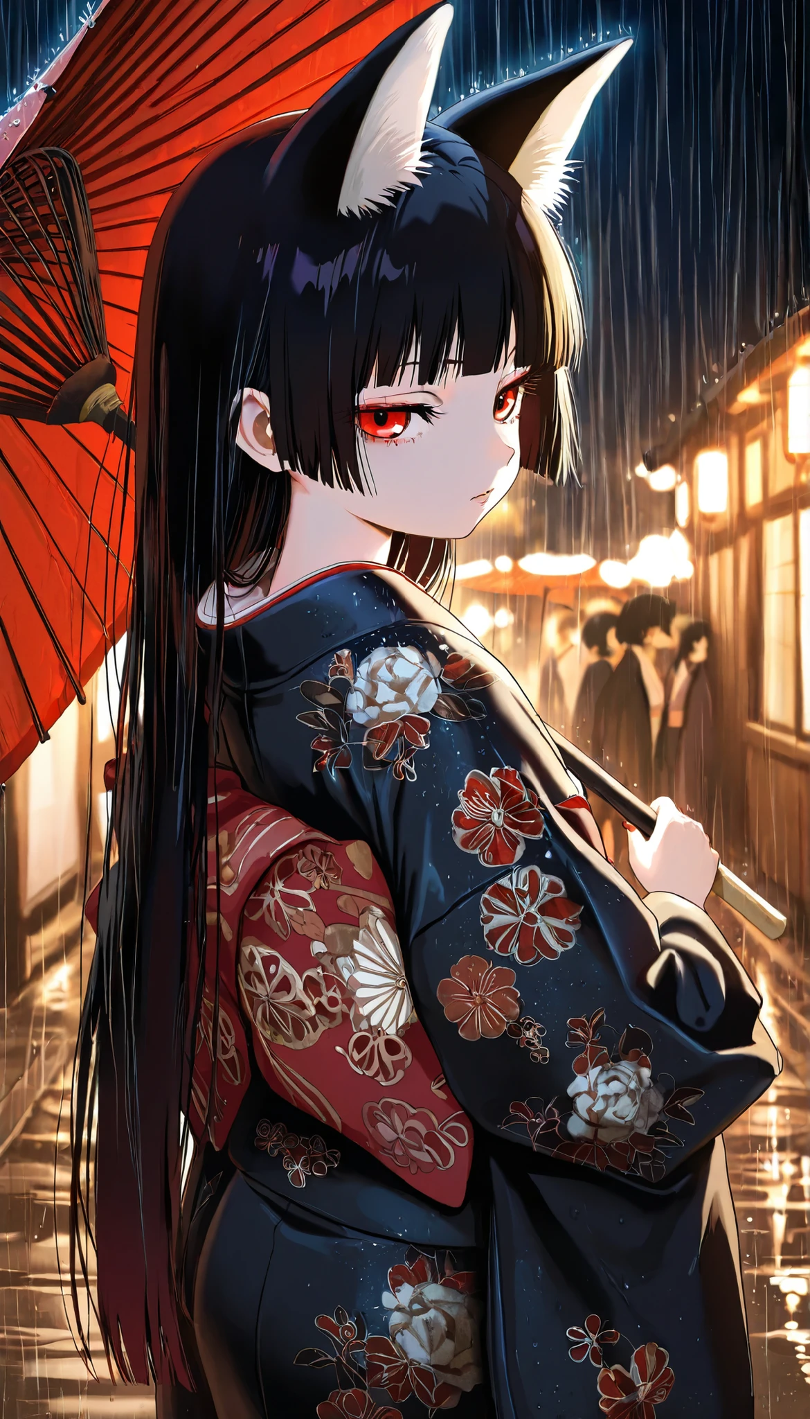 masterpiece, High Quality, High Quality , Newest, night,rain,Outdoors,glare,I don't see viewers one girl, Alone,
Enma Ai, Kimono, long hair, black hair, white fox ears, luxurious embroidered Kimono , Home Cut, bang, blunt bang, gem, black Kimono, Red Eyes, BREAK
Understanding ,look back,umbrella, red umbrella, oil-paper umbrella, bangasa