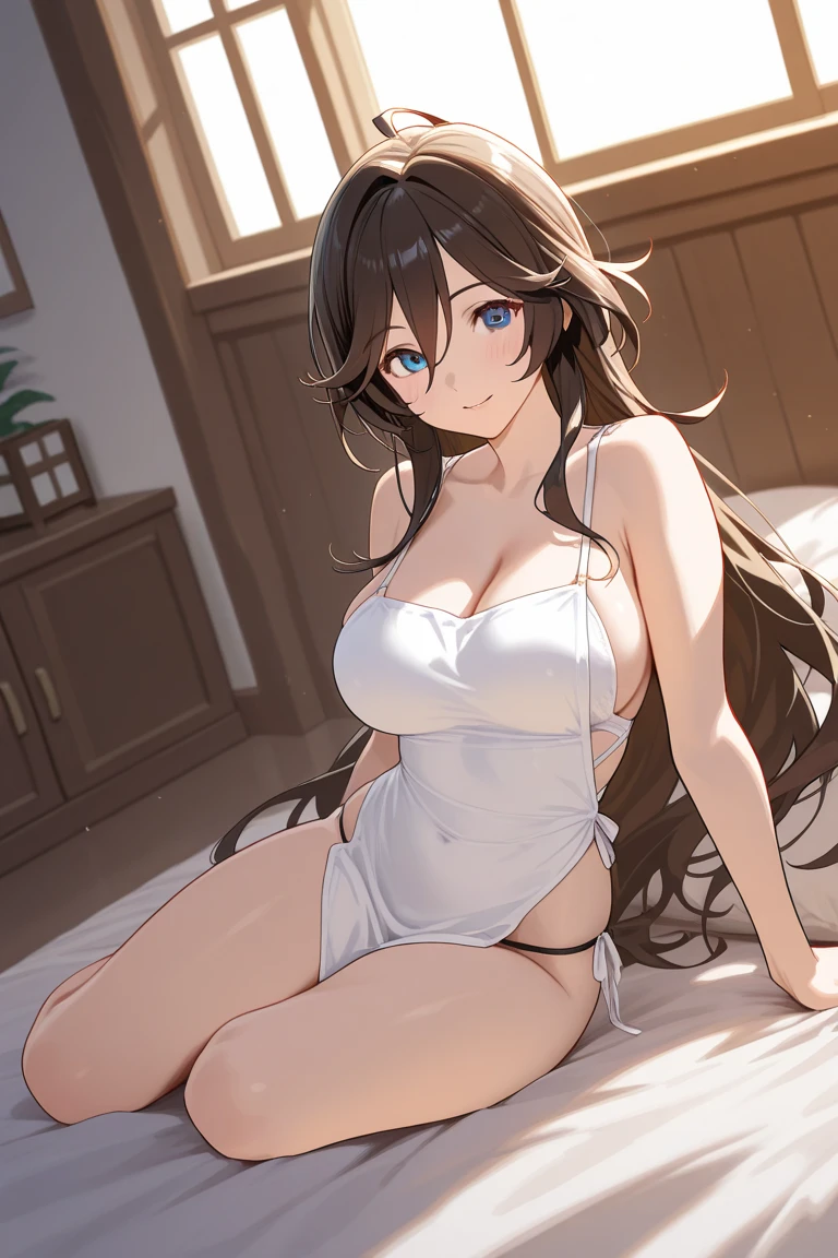 highest quality、Highest image quality、masterpiece、),bold composition、)、dynamic angle、ローアングルpowerfulく、butt、detailed groin、、A super beautiful woman fills the screen((22 years old OL big bust、,アイロンのかかったbeautiful長い髪、brown hair、、slender、beautiful hip,Close-up、Esbian、,beautifulハイクオリティ、beautifulアート、)muste piece、visual art、Depth of the bounds written、、、ハープのメロディー🎵friendly smile、gentle light、、skin-friendly、、ティッカーbeautiful装飾的な、beautiful,elegant、mystical　rosa、　 、、friendly smile、こちらを見つめるbeautiful瞳、Beautiful、beautiful手、refreshing、Femme fatale、
Fujiko Mine、
detailed details、powerful、open both foot,powerfulく足を開く、panties、、.Approaching、1 nearby.8、cowboyshot.Sweat、beautiful肌、orgasm.ecstasy、super REALITY、model  shot ,white dress、、stylish、dramatic、light、hip、レンブラントlight、three-dimensional feeling of the body,magical gentle light  UHD エロ、sex、wet、