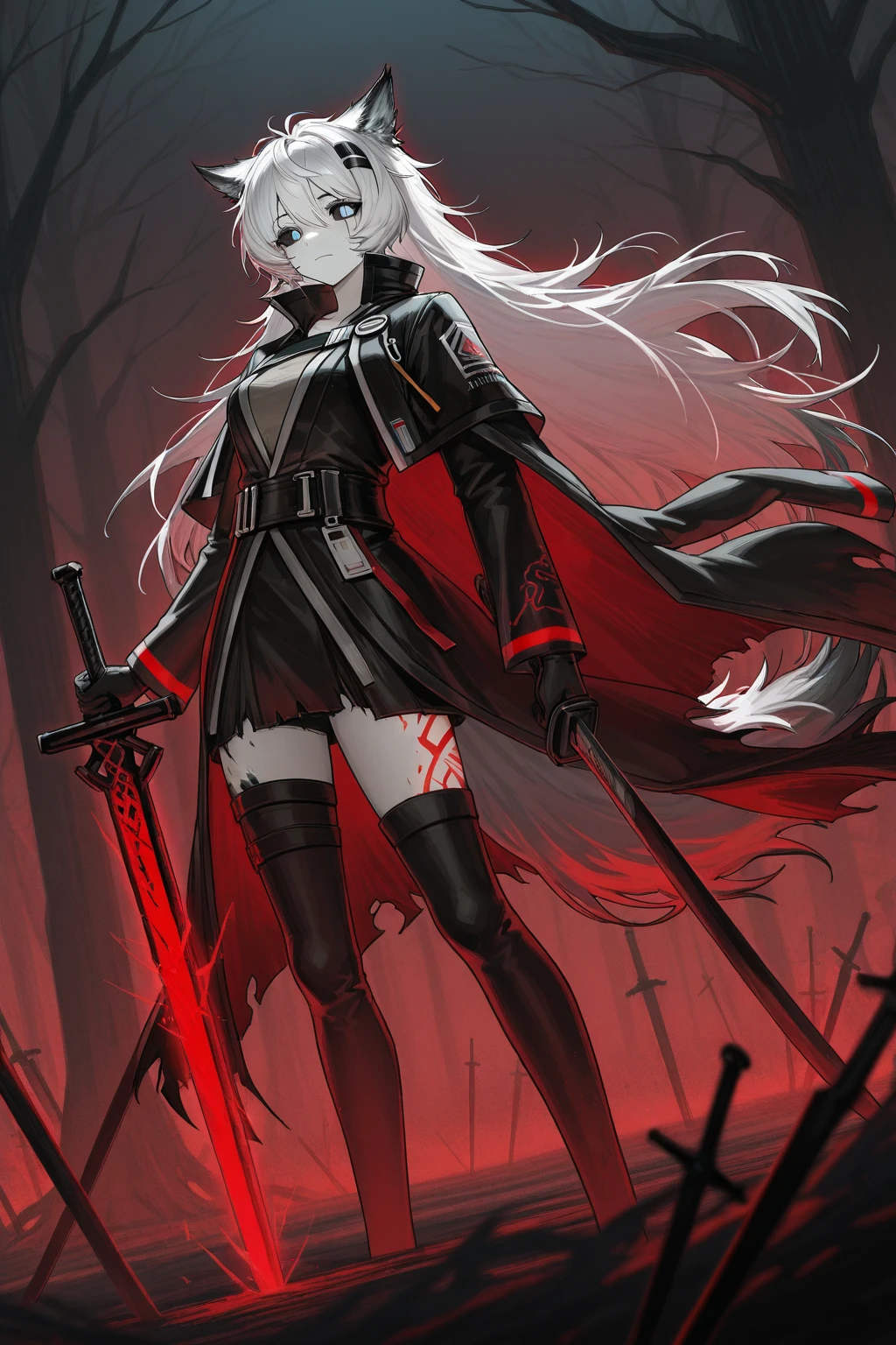 pale skin,dark风,wearing leg rings,long white hair,black eye shadow,red eyes,Abstinence,dark,back view,goat horn,sickle,grim Reaper