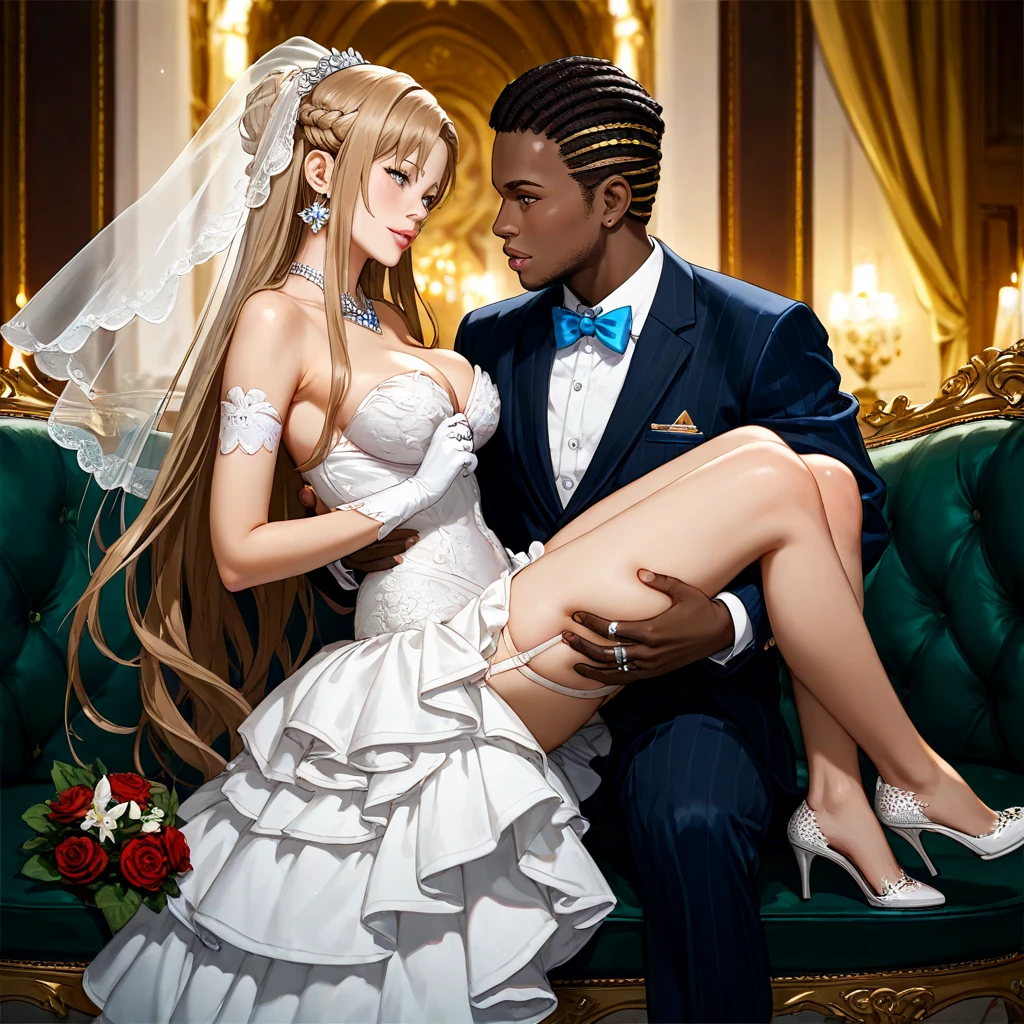 ((highest quality)), ((masterpiece)), Perfect Face、((Yuuki Asuna))、Brown Hair、(Black man pushes woman onto bed)、The woman is wearing a gorgeous white wedding dress and a veil.、Black man in tuxedo、(Black men have dark skin and strong bodies)、Woman has happy expression、The woman is wearing earrings and a necklace、Black men and women engagement rings、Black man and woman in bedroom2Becoming Only a Person