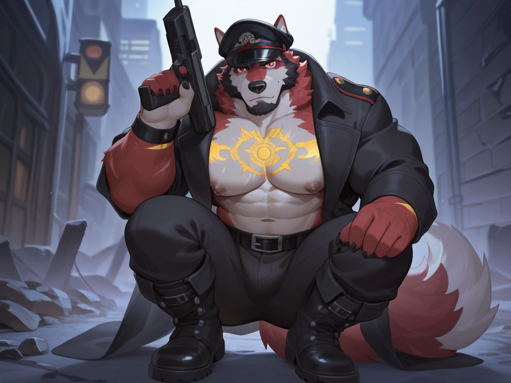 Furry man, hyper muscle, (masterpiece: 1.2), (excessive skin gloss and reflection: 1.5), (fully detailed), (very detailed and beautiful: 1.1) (animal ears, animal tail, furry face, dark fur, furry skin) huge body, excess muscles, wild masculine appearance, huge pectoral muscles, visible navel, (fluorescent color, black latex, male latex tanga, huge lid sharp outline, penis outline, underwear bulge) long and large fur stole, (bragus, g-string, sexy tanga) (male latex lace, latex low leg lace panty, latex military cap, barbed collar, latex gothic punk jacket, suspenders, garter belt, gothic punk boots, latex gloves, short whip, ), SFW version, solo, male only, muscular male, full body, male only, sexy, villain, sadistic, bully, vicious Face, bad guy, evil secret organization boss, demon king, dictator motif, gothic punk, cyberpunk, HyperMuscle, Hyper Pecs, nj5furry