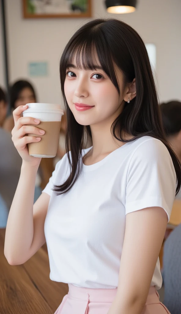 (top-quality,8K,​masterpiece),There is a woman holding a glass of coffee and a straw,Smiling, Kimi Takemura, Yasumoto Oka, portrait of a japanese teen, harumi, closeup Iwakura Lain, shot with Nikon Z9, Ai Yazawa, shikamimi, chiho, with a straw, Seifuku, Kotegawa Yui,Colossal tits,beautiful countenance,(A detailed eye,Detailed skin,Detailed lips,lipgloss),Bewitching look,