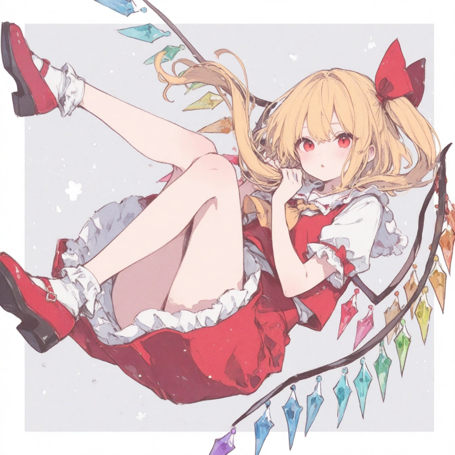 (((one women))),(((flandre scarlet))),(touhou), red eyes, short hair, medium hair, blonde hair, one side up, red eyes, slit pupils, fang, wings, crystal, white headwear, mob cap, red vest, white shirt, collared shirt, frilled shirt collar, yellow ascot, puffy short sleeves, frilled sleeves, wrist cuffs, red skirt, skirt set, frilled skirt, red ribbon, hat ribbon, back bow, white bow, laevatein (touhou), holding,(((full body))),(((model posing))),(((white background))),(((Diagonal angle)))