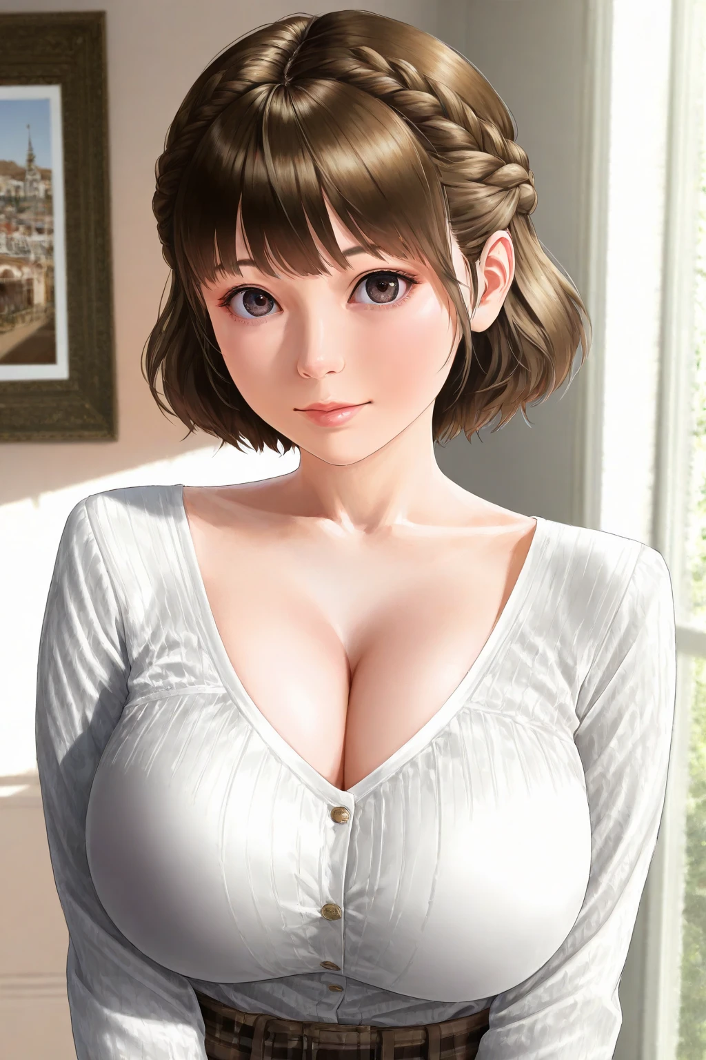 ((night、realistic light、highest quality、8K、masterpiece: 1.3))、1 girl、slim beauty: 1.4、(brown hair、medium breasts: 1.3)、Pink long sweater: 1.1、Bathroom、extra thin face、delicate eyes、 double eyelid、smile、necklace、brown eyes