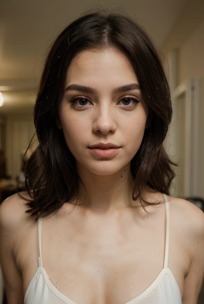 Cute beautiful sexy European light-green-eyed brunette, 22 years old, 

portrait, piercing eyes, detailed face, high details, photography, dark studio, rim light, Nikon D850, 50mm, f/1.4, castle,

tiny waist, very detailed, innocent face, face-length 1.3 times the face-width, almond-shaped eyes, squared face-shape, high cheekbones, naturally wavy hair, light-green eyes, high-res, masterpiece, best quality, intricate details, very detailed, sharp focus, detailed skin, realistic skin texture, texture, detailed eyes, professional, 4k, charming smile, shot with Canon, light depth of field, Kodak Vision color, perfectly fitting body, extremely detailed, photo_\( ultra\), photorealistic, realistic, post processing, maximum details, roughness, real life, ultrarealistic, photorealism, photography, 8k UHD, photography