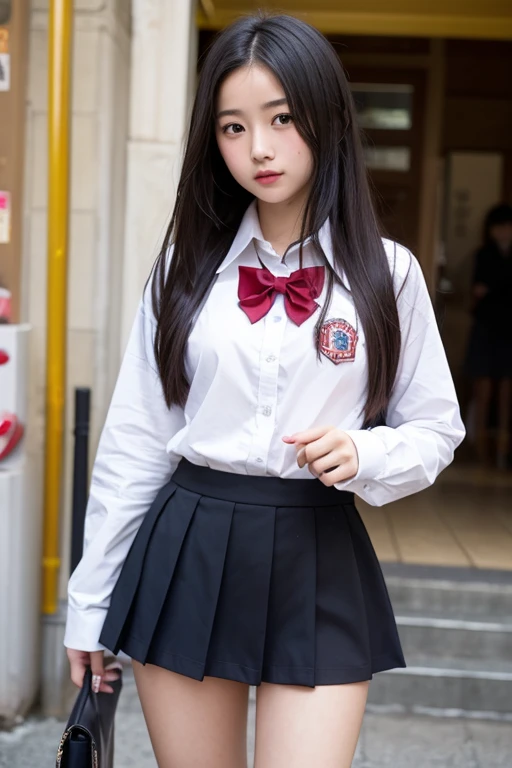 top-quality、masterpiece、1 little girl、A slender、length hair、small tits、Summer uniform、hyperdetailed face、Detailed eye、二重まぶた、pleatedskirt、knee high socks、full bodyesbian、without background、Beautiful abs、a navel、Girl walking in school hallway