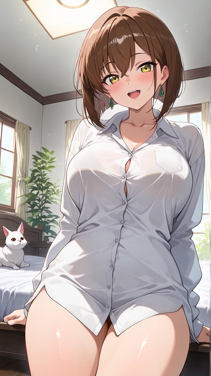 Anime style draw of a woman, view from her hips and above, dress with only a long white button shirt that covers until her tighs, legs slightly open and a fluffy light blue animal tail behind her legs