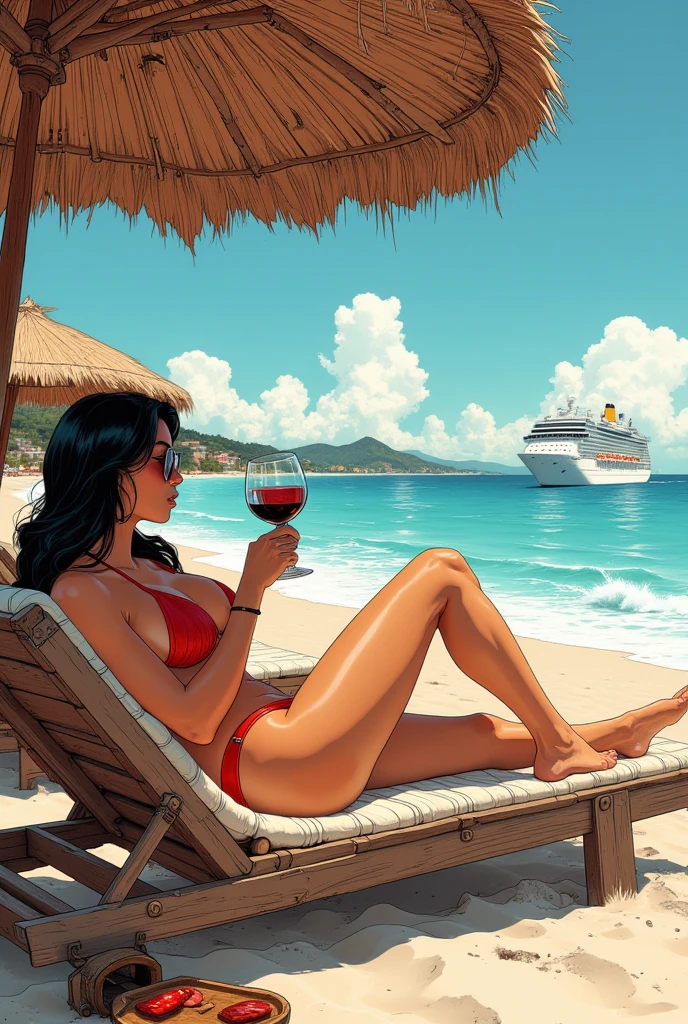Japanese anime style,woman,Luxury Cruise Ship,Lying in a chair on the deck,Living elegantly,Champagne in hand,sunglasses,Japanese Style,アニメのwoman,The ship is luxurious