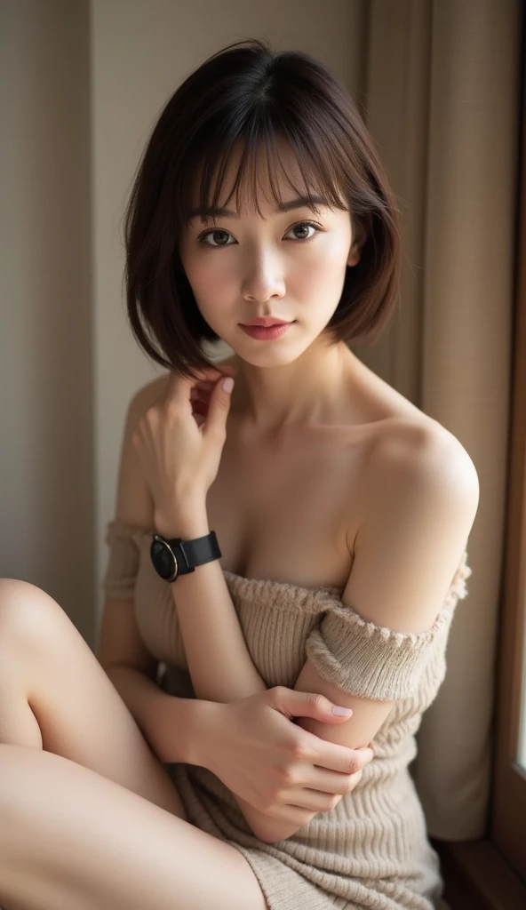 (masterpiece:1.3), (8K, Photorealistic, Raw photo, Best image quality: 1.4), Japanese schoolgirl、(Random Hairstyles:1.2)、Cleavage:1.2、Super detailed face、Attention to detail、double eyelid、Put your chest together、Sharp focus:1.2、Beautiful woman:1.4、Light brown hair、Highest quality、masterpiece、Ultra-high resolution、(Photorealistic:1.4)、Highly detailed and professionally lit smile、Loose, lightweight knitwear、Shoulder out、thin、Serious expression、Short-haired、Deadly position、Nipples