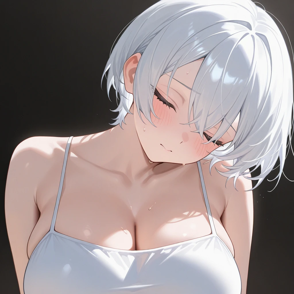 (Low Saturation:1.5),anime,1girl,pov,masterpiece,Awards, high quality,High resolution,HD,4K,8K,high quality,portrait,simple background,closeup upperbody,white clothes,Independently deformed breasts,shruged,viscous paint,(swiping breasts:1.3),oily skin,Slimy Cleavage,(Cleavage Bulge,deformed to flat breasts:1.4),(Medium breasts:1.2),Compressed chest,camisole,Crop tops,(Enhance breasts pose:1.3),sriped strap,perspective,perfect skin,smile,pale color tone,(grayscale:0.5),Putting my hand on my sai high socks,Socks that are about to come off,