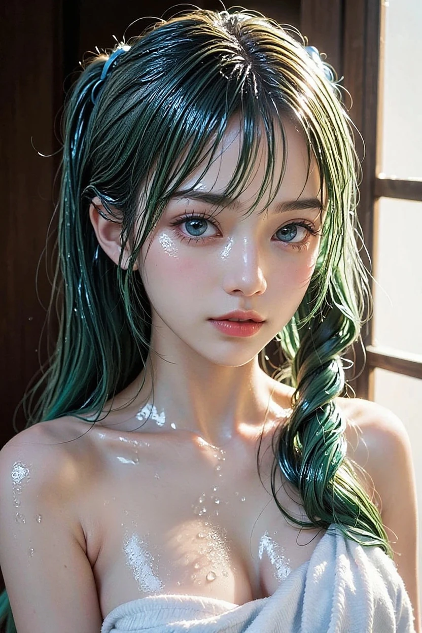 8K, Top Quality, Intricate Details, Ultra Detail, Ultra High Resolution, Masterpiece, close up shot, shot from behind, (Looking back), (full body: 1.1), Slender, Smile, (Makeup: 0.4), ,(( purple eyes, green hair, bangs, long hair, high ponytail )), (Fluffy  Eyes: 1.21), (()), 1girl, solo, 1 girl, (()), close up shot, , ((tall)), (((fit body))), (((slim face))), sharp face, ((  in the rain, shimmering skin, she's soaking wet, (her hair is (dripping wet:1.2), long wet hair, Her wet drenched hair, wet hair, water on the body))  ,(detailed face), sharp face, small lips, , ,(( ass up, butt cheek,)) ,, ,crawling,
 ((, )), , ((naked, nude )), detailed face, detailed breast, large breast, huge breast, detailed ass , detail nipples ,, Narrow Waist, Skinny, tall , 190 cm tall, Muscular, Navel, Exposed Abdomen, Pointed Chest,, Beautiful girl with accentuated slender abs: 1.4, Six Pack Abs: 1.4, , Perfect Body, detail legs, (( dark background)), black background,