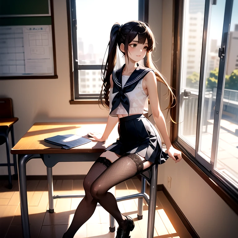Absurd, Super detailedな,(In 8K:1.3),Masseter muscle area,(masterpiece:1.2)、(Highest quality)、4K、Super detailed、(Movement Structure:1.4)、(Shining Lights、Atmosphere lighting), High resolution, Best Quality、(One girl:1.4),Super detailedな,Bright colors、Treebreak Production Art、(Warm color light source:1.2),High-level image quality、Fine image quality、Intricate details,Volumetric Lighting,Realism BREAK、Profile、 Very beautiful face and eyes, Beautiful images、 shoot from below、 Volumetric lighting、 (from directly below:1.9)、 Idol face、15 years old、(Baby Face:1.4)、natural make up、big eyes、(Big Tits:1.2)、(Breast bag)、(glossy skin :1.5), (sit:1.2)、School Chair、(to lift up one’s black skirt:1.4)、 (School classroom:1.2)、 (black hair,twintails:1.2)、 sailor suit, dark blue collar, white shirts, short sleeve, school, dark blue skirt, black skirt、(Good, highleg panties, highleg, groin)、 (full face blush:1.2),