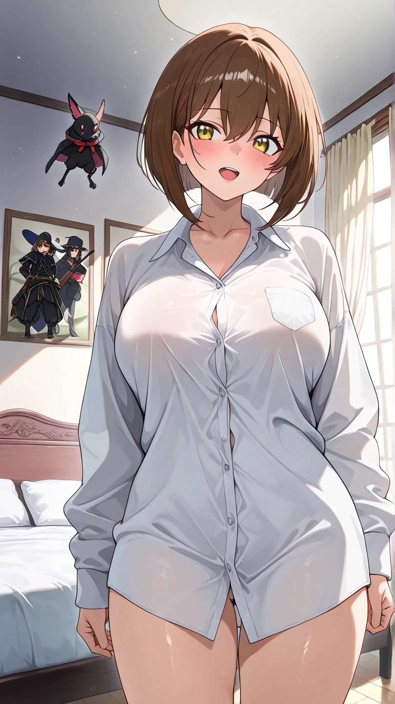 ((masterpiece)), ((detailed, high quality)), girl, cute face:1.2, soft brown hair, super straight hair, dog ears, pink eyes, blue skin, virgin killer coat soft brown, bedroom, Pantyhose soft brown, close-up, 