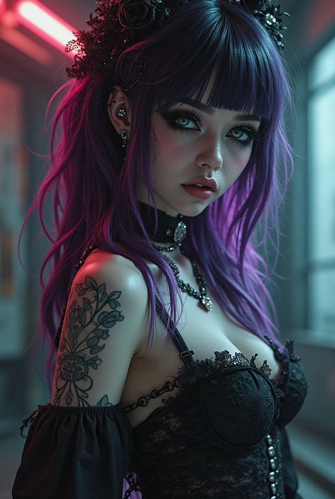 a sexy gothic girl with realistic purple hair and purple eyes, big breasts, realistic sexy pose, in a realistic gothic room, detailed facial features, 4k, high quality, photorealistic, studio lighting, extremely detailed, hyper realistic, dark moody lighting, dramatic shadows, cinematic composition, beautiful, elegant, intricate details, chiaroscuro, dramatic lighting, rich colors, dramatic, moody, atmospheric, haunting, captivating, immersive, compelling, striking, powerful, visceral in the bed dark light not adult
