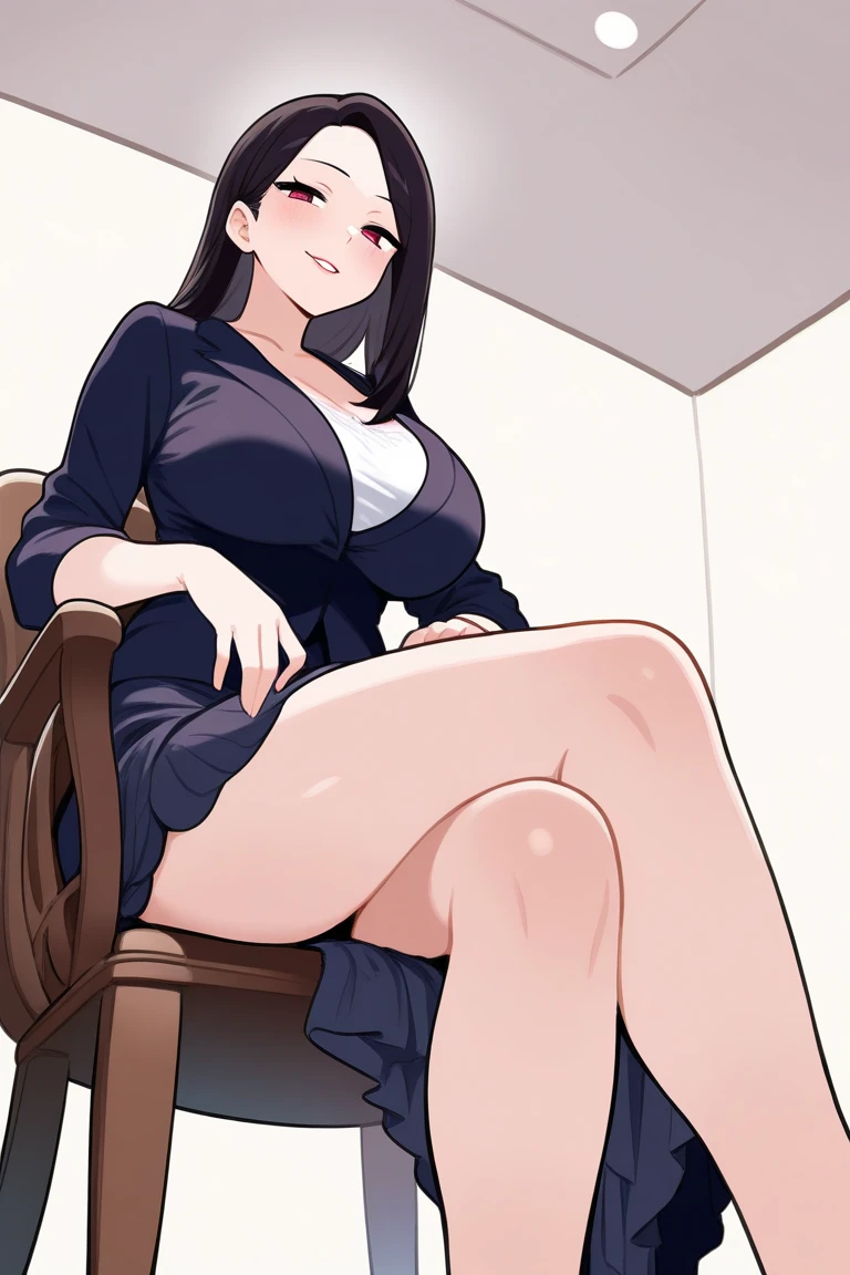 A very gorgeous succulent mature anime girl with thicc mommy features and teasing figure sitting on a stool with her relaxed crossed legs and thighs atop of each other whilst looking down on viewer demanding foot worship, G sized big breasts in a strapless top, badass anime 8k, from below pov, feet posing, soles