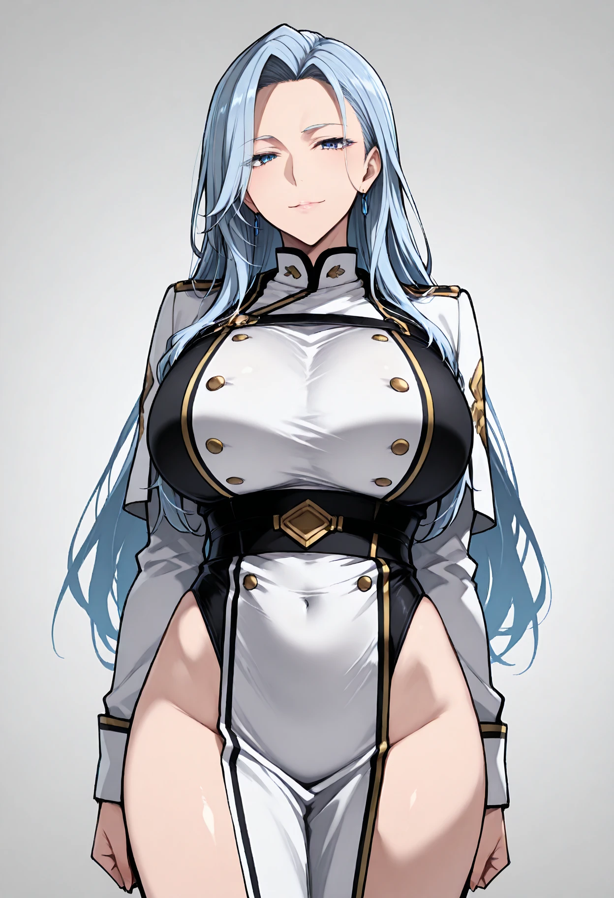 <lora:cromachina-20:1>Navy Uniform, pompadour, grey hair, big hair, messy hair, :3, arms behind back,  large breasts, thick thighs, masterpiece, best quality