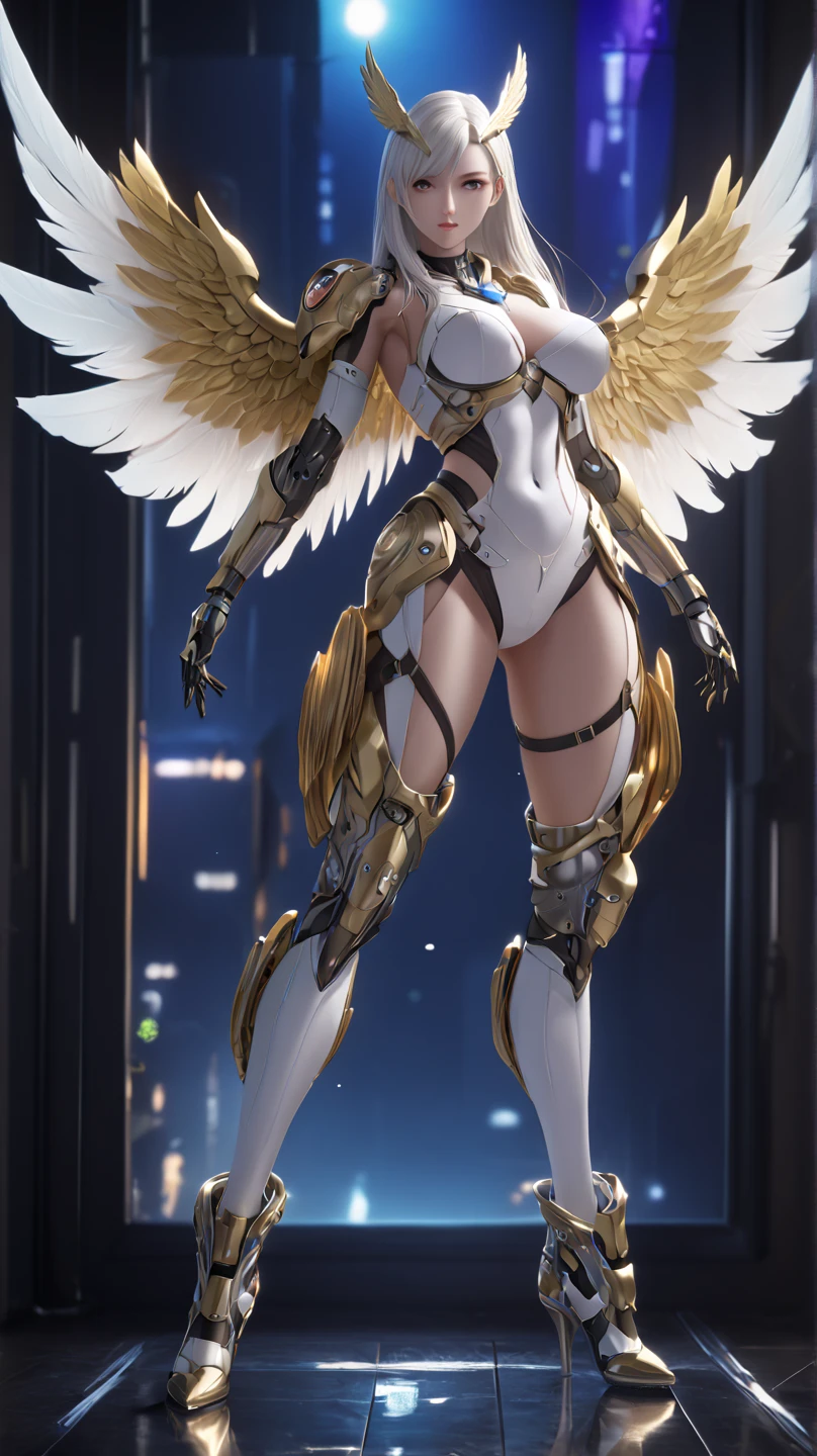 anime - style woman in a white corset and armor with a sword, Mechanized Valkyrie girl, unreal engine rendered + A goddess, beautiful cyborg angel girl, extremely detailed goddess shot, Goddess. Extremely high detail, futuristic robot angel, angel in plastic armor, cinematic goddess body shot, 3 d render character art 8 k, full body xianxia, full - body majestic angel