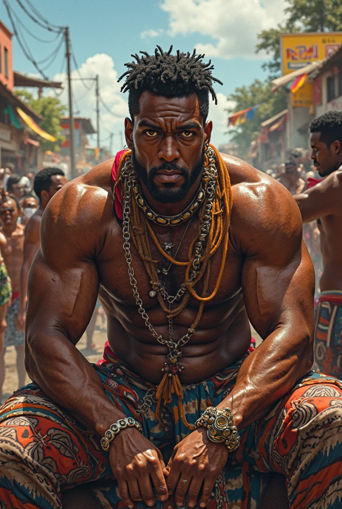 A capoeira fighter with a black head and a black mask on his face. Shirtless black man. A fighter.