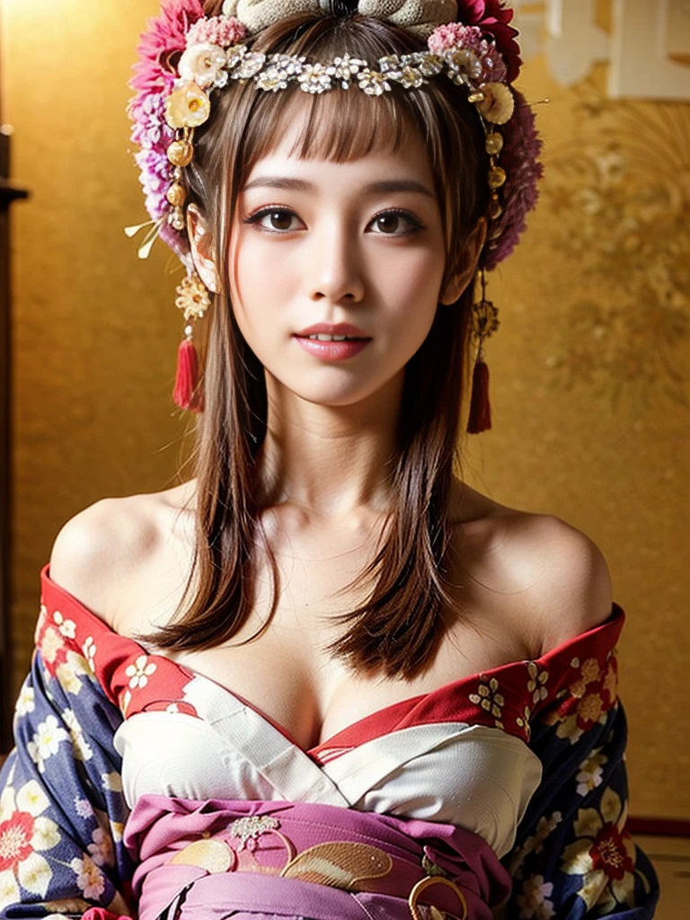 (One Girl), Very cute face, Great face and eyes, (Highly detailed eyes, Highly detailed face), Fresh, Very beautiful appearance, (超Realistic, High resolution), (Highest quality:1.4), RAW Photos, (Realistic, Photorealistic:1.37), Professional photography, (Floral Yukata:1.5), (Open yukata), (Cleavage:1.2), (Exposing shoulders), Laugh a little, (look at me), Bedroom, Portrait of a Girl,