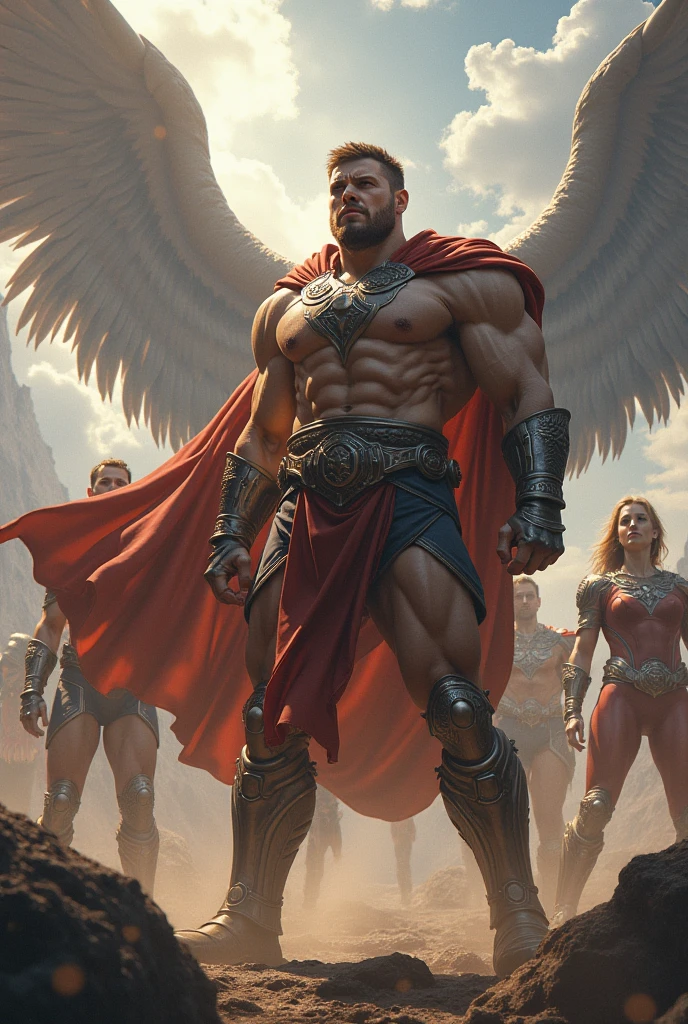 warrior man with big sword, muscular man of micro loincloth with bulge, sword in hand, upward bulge in micro lingerie, city background, bright and gleaming sword, quality image, best quality, in attack position, realistic details, magic particles, whole body image, clothes with golden details, long hair tied, scar on face, image catching all body,  boots with golden details, blood particles, golden armor, uncovered abdomen, micro leather thong, scar on chest, part of leather armor, manly man, man with big hair, big bulky muscles, whole body, medieval scenery, photo particles, rays of sunlight in the background, full body image, whole glass appearing in photo, medieval city background,  Medieval setting, hair flying in the wind, bulge upward erection