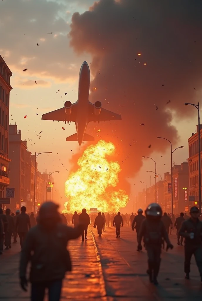 Explosion of cars and plane building collapsing trees are burning on fire and a man in a front watching back side and in a shock state watching all the damage