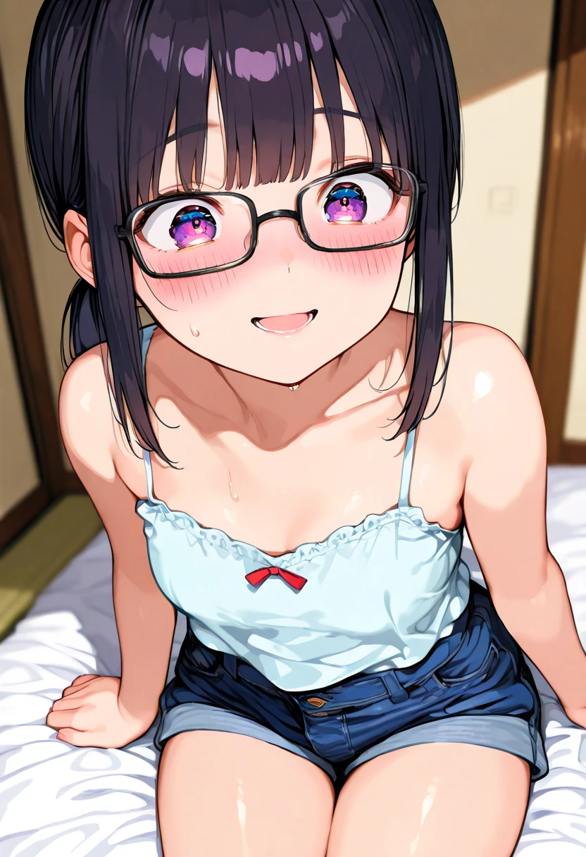 ultra-detailliert, Best Quality, High resolution, ((A petite, black-haired girl with big face and cute droopy eyes looks up.))、Pretty eyes、Detailed eye depiction、Eye sparkle、Sareme、Looking at Viewer, pale skin、(((Petite))), (White Nightgown)、(flat chest), (big glasses), (blush:1.2), (big eye:1.5), Shy smile, NSFW, Crawling on all fours in bed, Focus on the face, Long hair、((Super close-up of the eyes))、(((front view))),