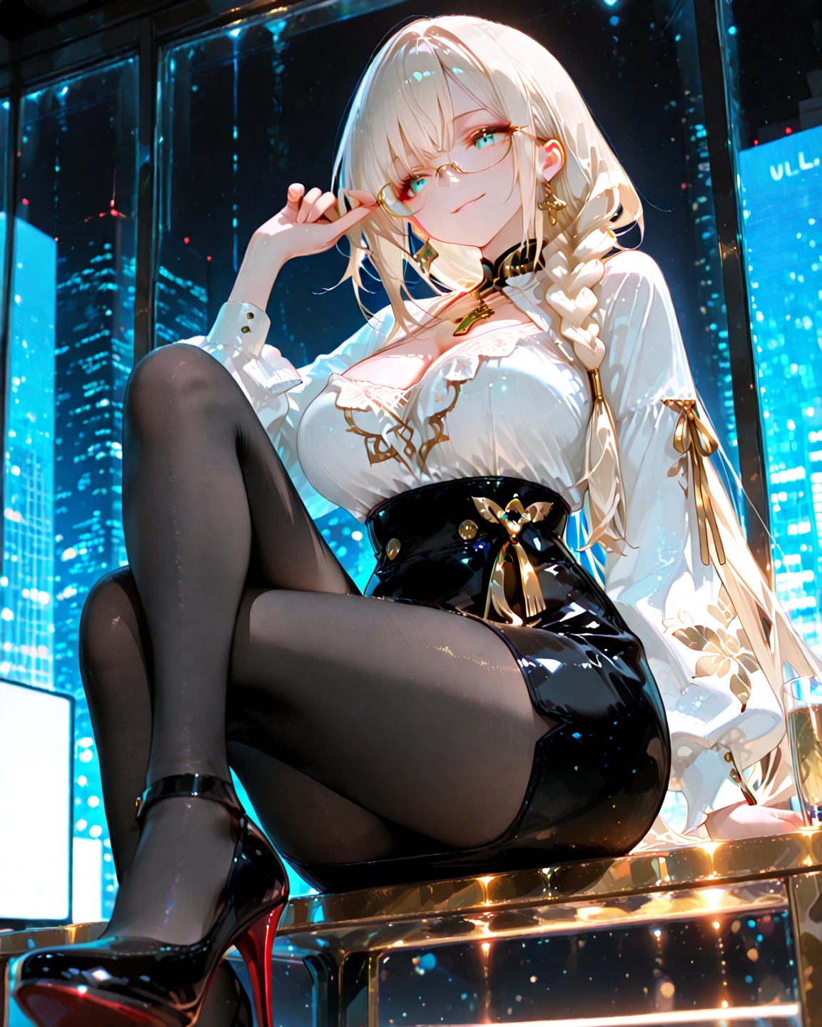 very cool intelligent beauty, silver glasses, a bare mini-length shrine maiden costume, black knee high socks, anime, manga, illustration, fantasy, white silver glossy flowing layered wavy long hair, french braid ponytail, sparkling glossy gold big eyes, huge breasts, abs, slender, full body, background galaxy brilliant magic circle, give off rainbow and gold neon light many lines radially from floor and ceiling, portrait, animification, high resolution, best quality, very high image quality, ultra detailed, hyper realistic, photorealistic