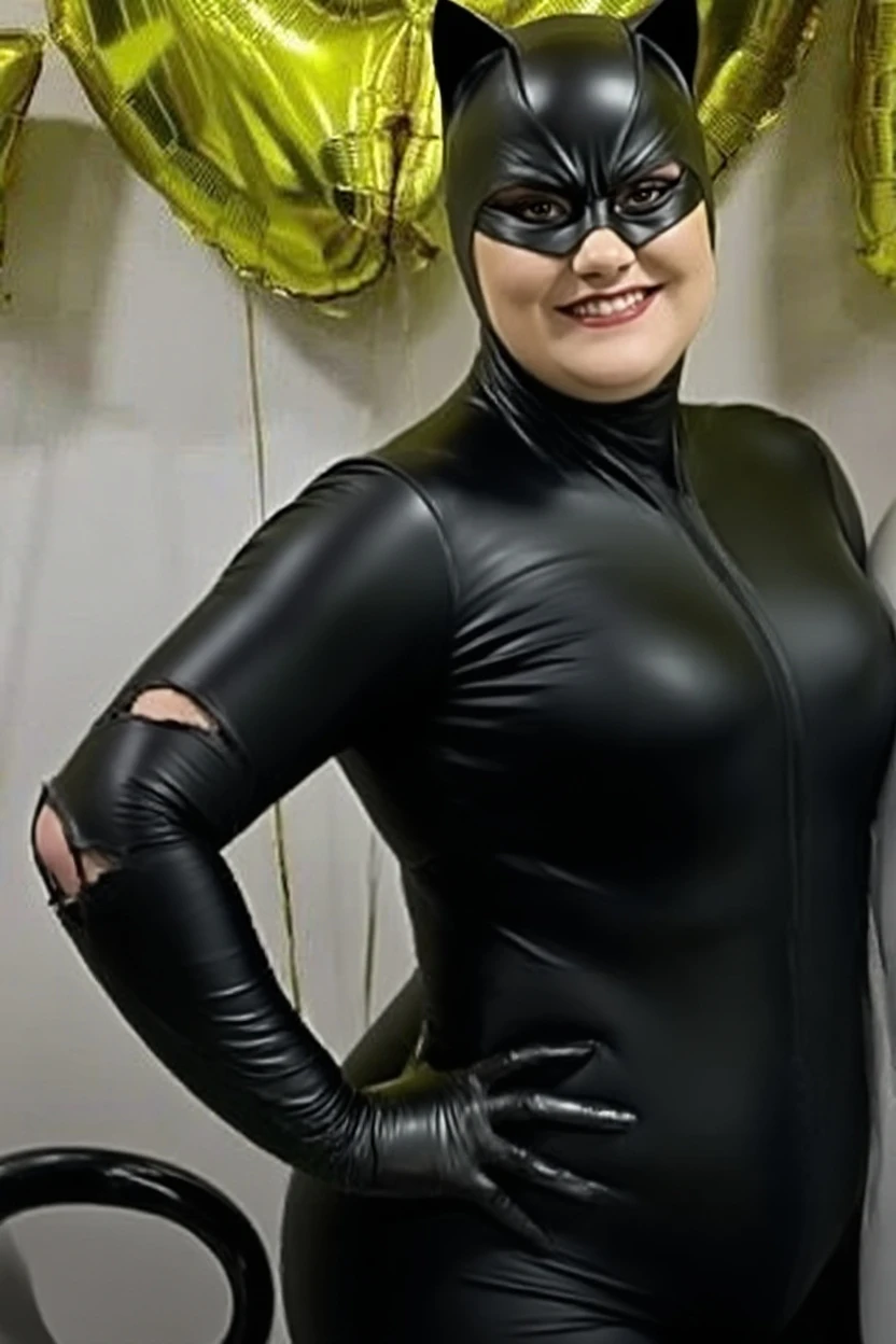 fat angry woman in black leotard, bear mask, gloves and arms