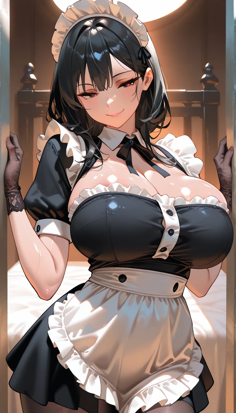 Masterpiece,Large Breasts,Wearing only an apron,Attractive cleavage,Show your face,Breast drooping,Show me your thighs