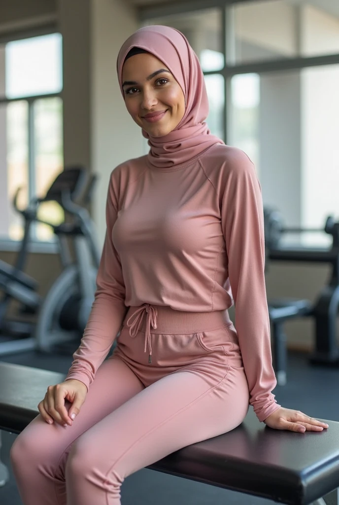 ((best quality)),pink hijab, leggings, long legs, sexy pose, pink high heels, g-string, feets to the camera, pointing feets to camera, domina pose, sitting on the bed