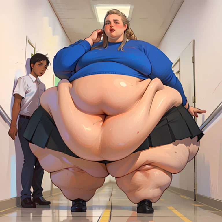score_9, score_8_superior, score_7_superior, score_6_superior, sauce_anime, Low - Angle, From below, One girl, 1人のmaleの子, duo, big_female, small_male, size_difference, Are standing, Looking down, Look forward, obesity, ssbbw, Grin, break, She eats a lot of food, Blonde, high school girl, Very large breasts, Very huge legs, Very huge ass, Very large body