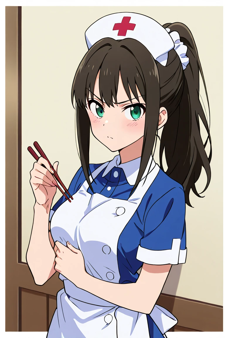 shiba miyuki, Black Hair, blue eyes, Long Hair, hair ornaments, Blunt bangs first, high, large breasts ,  cooking, empty eyes, ConcertHole, 1girl, , bar counter, hair band, pool, church, hair PIN, , nsfw、 Nipples