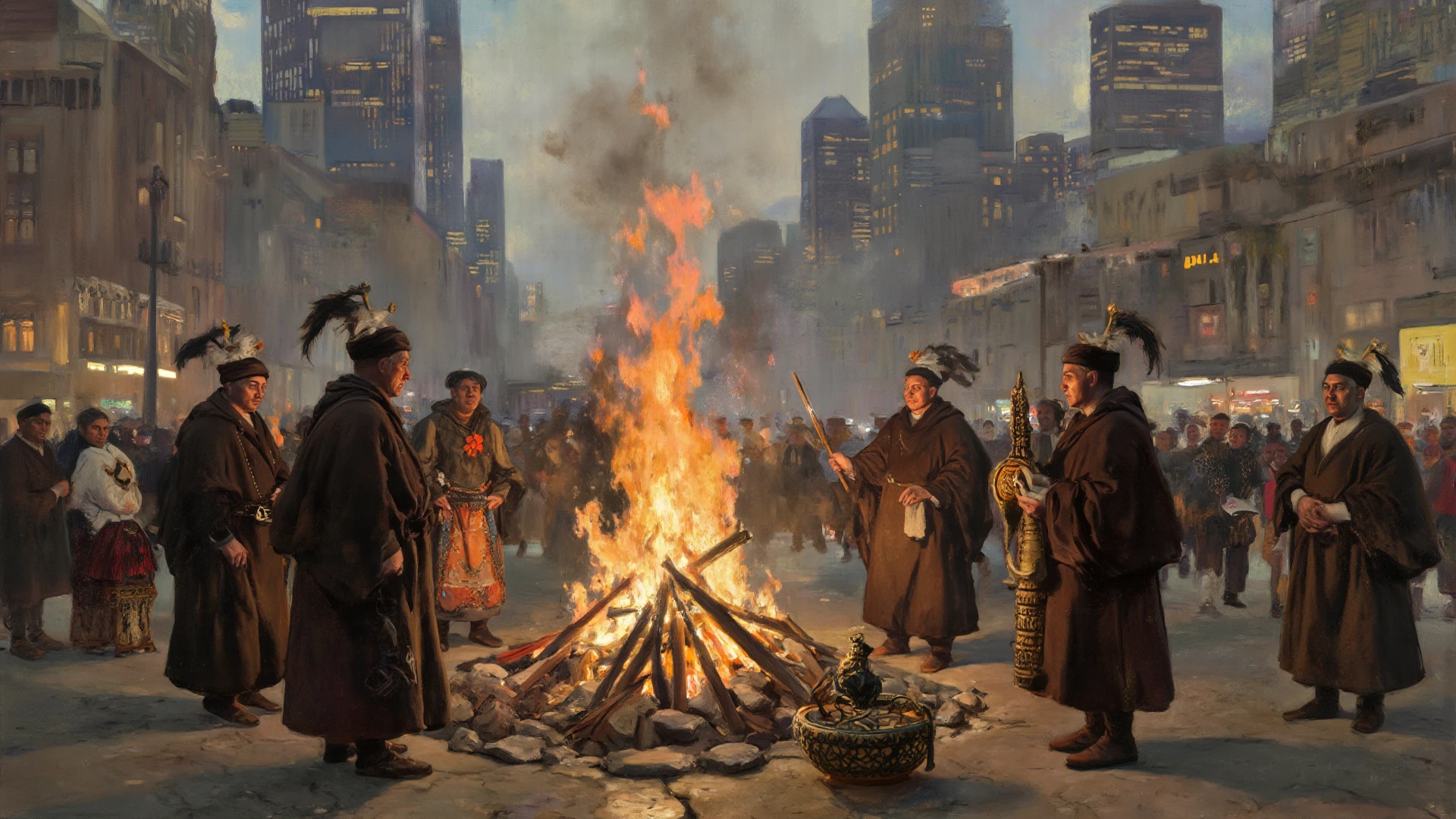 10. A ceremonial fire burning in the middle of a modern city square, as elders perform a ritual for remembrance and healing, surreal composition