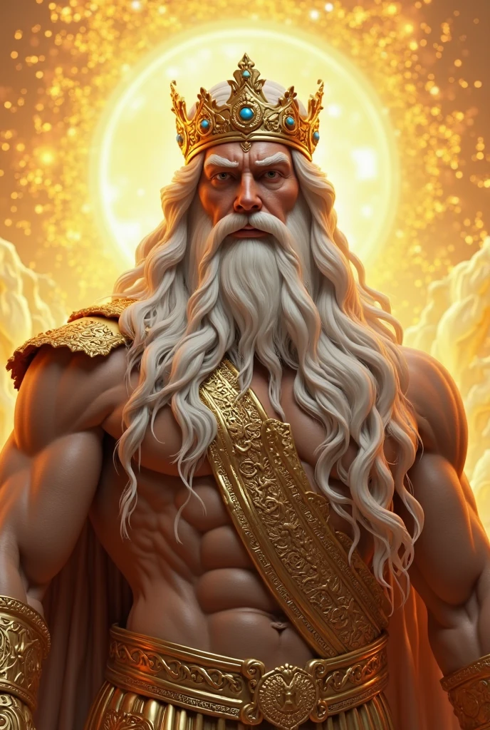 a strong man, powerful and majestic, with big white hair and a big white beard, eyes with fire flame, with large white robes, with a breastplate, with a golden belt and a large golden crown on his head sitting on an exalted golden throne