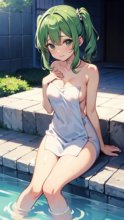 (8K、masterpiece、Highly detailed background、high resolution)、(mitsuri kanroji)、(Open-air bath、Hide nakedness with your hands)