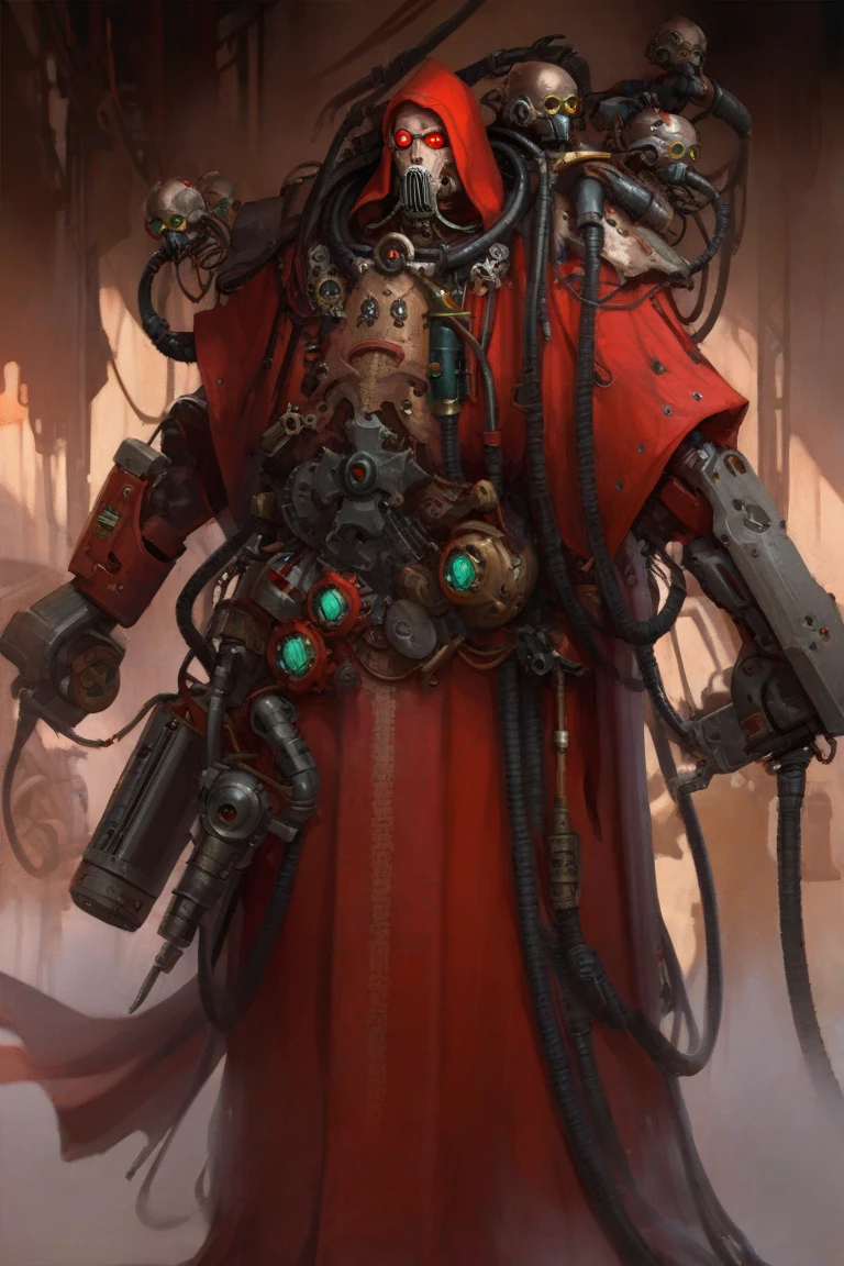 ((masterpiece,best quality)), absurdres, mechanical arms, robes, hood, ((techpriest)), cyborg, mechanical face, (tentaclehorrorai), mechanical limbs, gas mask, red robe, 1other, solo, holding rifle,