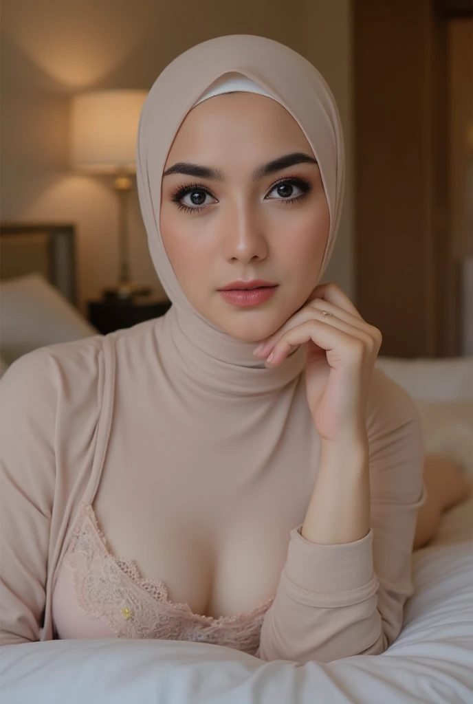1 girl, Asian girl, beautiful girl, cute girl, ((smile)), ((slim, thin, tall)), ((Indonesian girl)), ((beautiful Indonesian girl)), ((beautiful Indonesian hijab girl)), ((Indonesian hijab girl)), ((teen girl, 18 year old girls, young girls)), ((teenagers, young)), ((wearing black hijab, wearing black scarf, black hijab, black scarf)), ((Indonesian internet celebrity, indonesian instagram celebrity, indonesian tiktok celebrity)), ((ulzzang hijab girl, korean hijab girl, chinese hijab girl)). ((large breasts, big breasts, large , big boobs)), big breasts, large breasts, big , slim body, ((nude, naked)), (nude, naked), (nude), (naked), ((nude)), ((naked)). standing, ((standing)), relaxed posture, natural pose, ((from side, side angle)), neutral expression, simple and elegant, ((half body, photo up to the waist)). ((indoor, bedroom)), Beautiful Face, firm abs, ((thin lips)), slim face, faceslender abs, double eyelid, Super thin face and eyes, Sexy, Pinkish white skin, sexy pose, beautiful skin. ultra-detailed face, detailed lips, Highly Detailed Face and Skin Texture, detailed eyes, beautiful detail eyes, (realistic skin), attractive, Ultra-fine face, Fine eyes. Beautiful Women with Perfect Figure: 1.4,  (nsfw:1.3), (sexually aroused:1.5), (perfect, figure: 1.1), Slim abs: 1.1, ((Big breasts :1.2)). For the image quality, please prioritize ((Best quality, 8k, Masterpiece: 1.3)), ((masterpiece)), ((best quality)), ((ultra-detailed)), sharp focus: 1.2, (highly detailed CG illustration), ultra high resolution: 1.3, Detailed Photo, (Best Quality: 1.4), (best quality, (masterpiece:1.5), 4k, 8k, highres, masterpiece:1.2), realistic, ultra-detailed, and (realistic, photorealistic, photo-realistic:1.3), ((the photo taken with a phone)). To enhance the visuals, add UHD, studio lighting, ultra-fine painting, sharp focus, physically-based rendering, extreme detail description, professional, natural colors, cool white light. 