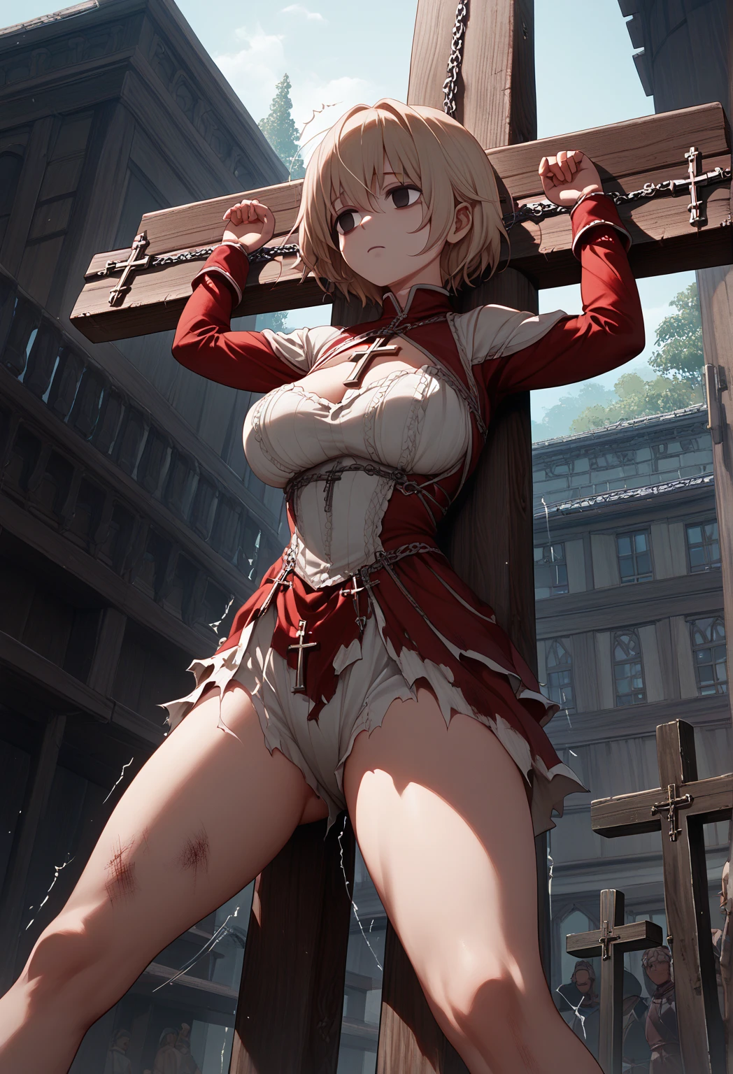 highest quality，masterpiece，UHD, Super detailed, 8K，(Beautiful woman)，一人のBeautiful woman，((crucifixion))，cross，(execution)，incontinence，scared，torture，slave，((crossにcrucifixionにされた女性：1.5))